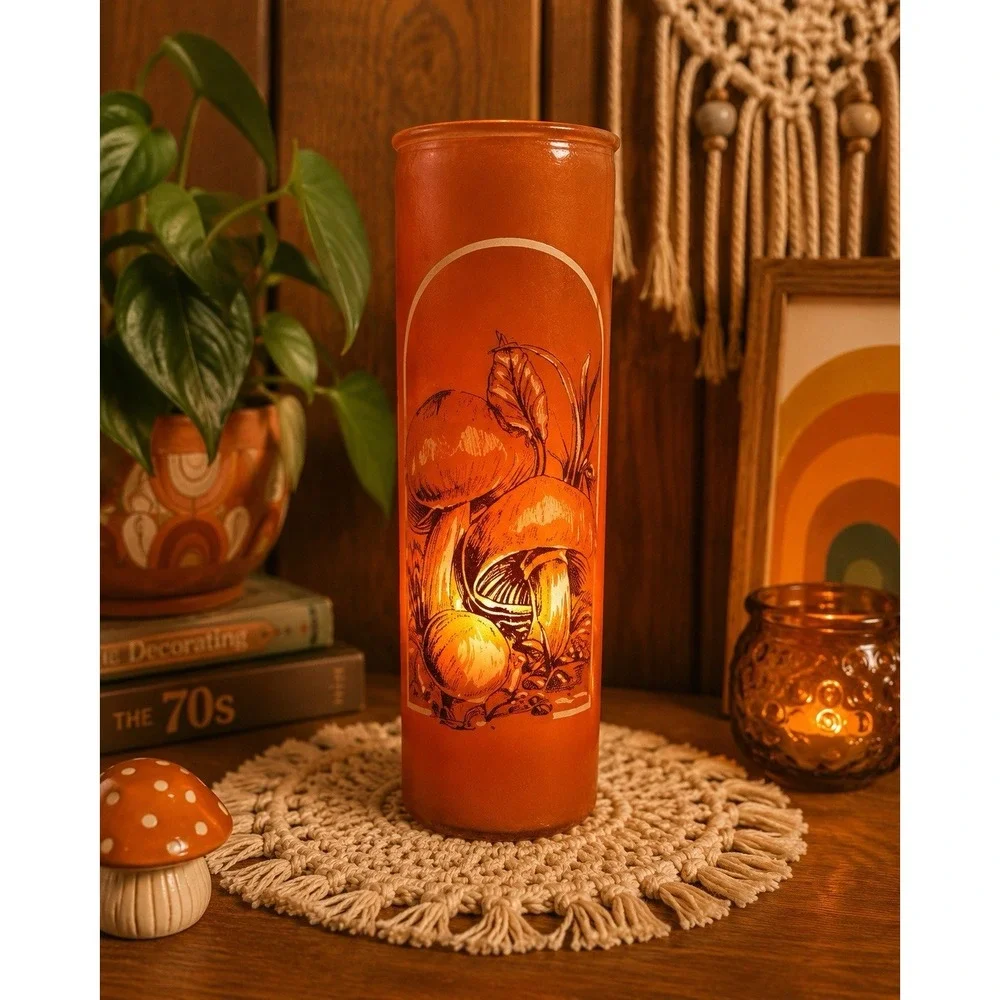 Vintage 1970s Orange Glass Mushroom Candle Holder Cylinder Retro MCM Decor